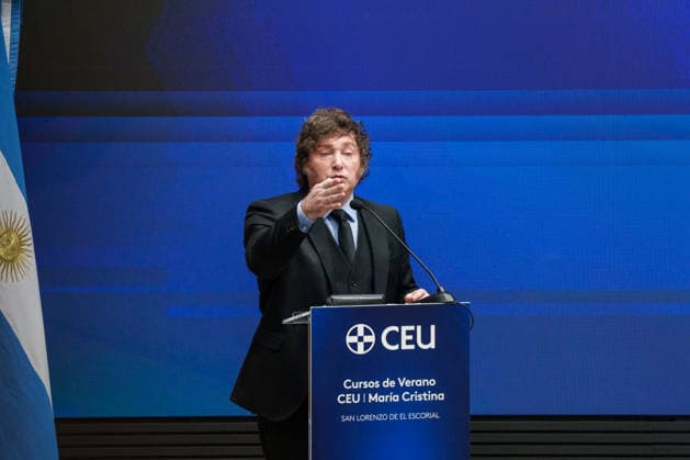Javier Milei Attends the Presentation of the CEU María Cristina Summer Courses Argentine President Javier Milei during the presentation of the CEU María Cristina Summer Courses at CEU San Pablo University on June 26, 2026, in Madrid, Spain. The second edition of the CEU María Cristina Summer Courses is a high-level academic and cultural forum organized by the San Pablo CEU University Foundation and CEU CEFAS, taking place from June 30 to July 15, 2026, in the historic setting of the Royal Escorial María Cristina University Center in San Lorenzo de El Escorial June 26, 2026 Madrid, Spain  Copyright: xMatiasxChiofalox 7623926