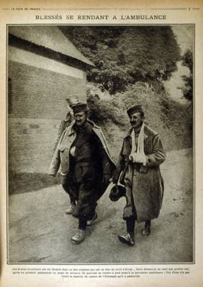 RECORD DATE NOT STATED French wounded soldiers walk near Arras, during World War One. 1915 French wounded soldiers walk near Arras, during World War One. 1915 Editorial use only. All other uses to be cleared with the copyright owner (World History Archive), in advance., WHA_109_0746.jpg, French soldiers; wounded; Arras; World War One; 1915; war; soldiers; military; France; battle; injured; walking; historical; history; conflict; Europe; trench warfare; casualties; army; uniforms; trauma; devastation; combat; Western Front; Great War; soldiers walking; wartime; WWI; French army; injured soldiers. Copyright: xx