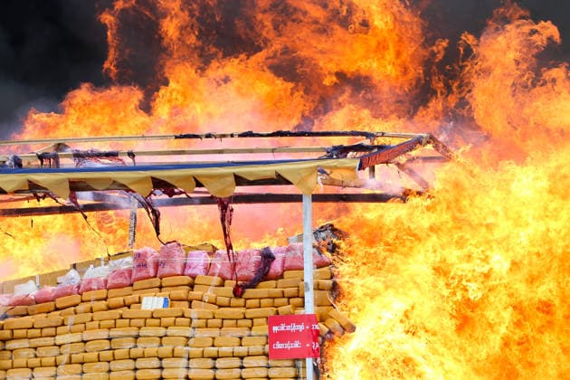 (260626) -- YANGON, June 26, 2026 -- Seized drugs are burnt in Yangon, Myanmar, June 26, 2026. Myanmar authorities marked the 39th International Day Against Drug Abuse and Illicit Trafficking on Friday, destroying large quantities of seized narcotics and precursor chemicals in ceremonies held in Yangon, Mandalay and Taunggyi. TO GO WITH Myanmar destroys large amounts of narcotics on World Drug Day ) MYANMAR-YANGON-SEIZED DRUGS MyoxKyawxSoe 