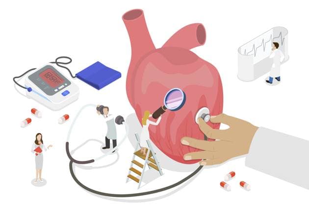 Isometrische, flache, konzeptionelle Darstellung der Herzgesundheit in 3D, Untersuchung durch einen Facharzt für Kardiologie 3D Isometric Flat Conceptual Illustration of Heart Health, Proffecional Cardiology Specialist Checkup Copyright: imageBROKER AnastasiiaxTorianyk ibxplw18146600.jpg