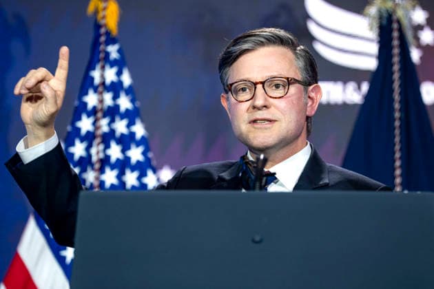 Speaker of the House Mike Johnson, R-LA, speaks during the Faith and Freedom Coalition 2026 Road to Majority Policy Conference at the Washington Hilton in Washington, DC on Friday, June 26, 2026. President Donald Trump and members of his cabinet will return to the Washington Hilton for the first time since the White House Correspondents Association dinner shooting earlier this year.  WAP20260626781 BONNIExCASH