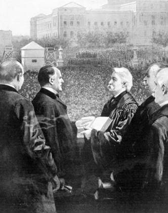 RECORD DATE NOT STATED Engraved illustration of the 1897 Inauguration of President William McKinley. Chief Justice Fuller administering the oath Engraved illustration of the 1897 Inauguration of President William McKinley. Chief Justice Fuller administering the oath Editorial use only. All other uses to be cleared with the copyright owner (World History Archive), in advance., WHA_114_0487.jpg, Engraved illustration; 1897 Inauguration; President William McKinley; Chief Justice Fuller; oath; ceremony; historical; vintage; United States; politics; government; American history; official; event; formal; traditional; Washington D.C.; Capitol Building; crowd; spectators; dignitaries; public; audience; patriotic; celebration; momentous; significant Copyright: xx