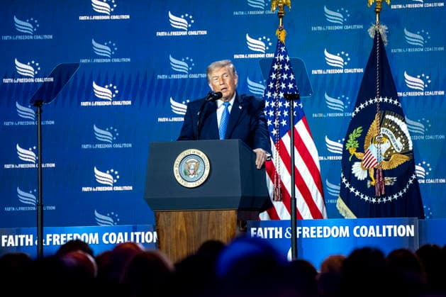 President Donald Trump speaks during the Faith and Freedom Coalition 2026 Road to Majority Policy Conference at the Washington Hilton in Washington, DC on Friday, June 26, 2026. President Donald Trump and members of his cabinet will return to the Washington Hilton for the first time since the White House Correspondents Association dinner shooting earlier this year.  WAP20260626799 BONNIExCASH