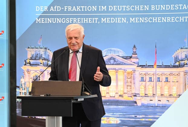 Former Czech President Vaclav Klaus deliveres a speech at the two-day conference, titled 1st Democratic Congress of the AfD Group in the German Bundestag , which was opened in Berlin, Gernamy, today, on Friday, June 26, 2026, by both AfD chairpersons, Alice Weidel and Tino Chrupalla (both not seen). (CTKxPhoto JaromirxMrhal) CTKPhotoP2026062608397  CTKPhotoP2026062608397