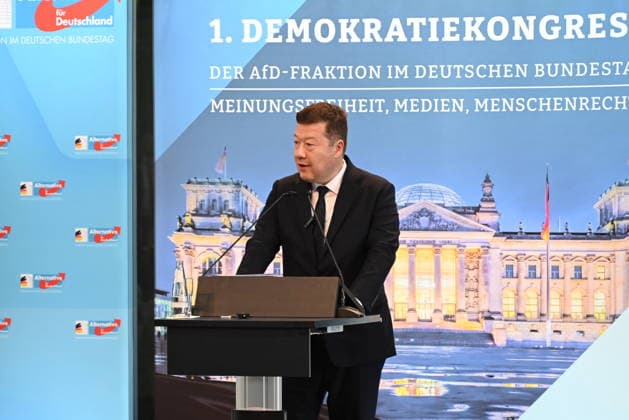 Speaker of Czech Chamber of Deputies Tomio Okamura deliveres a speech at the two-day conference, titled 1st Democratic Congress of the AfD Group in the German Bundestag , which was opened in Berlin, Gernamy, today, on Friday, June 26, 2026, by both AfD chairpersons, Alice Weidel and Tino Chrupalla (both not seen). (CTKxPhoto JaromirxMrhal) CTKPhotoP2026062608399  CTKPhotoP2026062608399