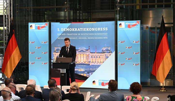 Speaker of Czech Chamber of Deputies Tomio Okamura deliveres a speech at the two-day conference, titled 1st Democratic Congress of the AfD Group in the German Bundestag , which was opened in Berlin, Gernamy, today, on Friday, June 26, 2026, by both AfD chairpersons, Alice Weidel and Tino Chrupalla (both not seen). (CTKxPhoto JaromirxMrhal) CTKPhotoP2026062608401  CTKPhotoP2026062608401