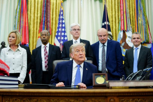 President Donald Trump looks on in the Oval Office of the White House in Washington, DC on Friday, June 26, 2026. Trump is speaking on the report released by the White House Religious Liberty Commission, which was established by executive order last year.  WASP20260626609 AaronxSchwartz
