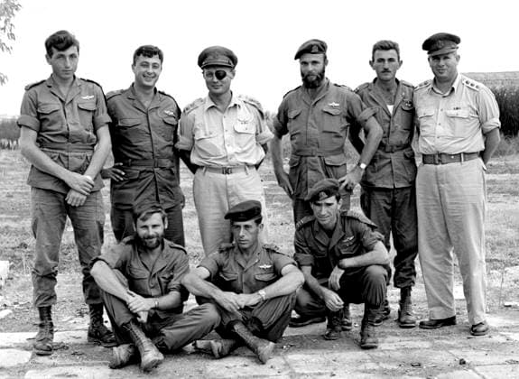 RECORD DATE NOT STATED Operation Egged an Israeli military operation in 1955 Operation Egged (the Kuntilla operation), was an Israeli military operation carried out on night of October 28-29, 1955 that targeted an Egyptian military post at Kuntilla, located in north-eastern Sinai. Israeli commanders pose after Operation Egged. Standing left to right: Lt. Meir Har-Zion, Maj. Ariel Sharon, Lt. Gen. Moshe Dayan, Capt. Danny Matt, Lt. Moshe Efron, Col. Asaf Simhoni; on ground, l to r: Capt. Aharon Davidi, Lt. Yaakov Yaakov, Capt. Rafael Eitan Editorial use only. All other uses to be cleared with the copyright owner (World History Archive), in advance., WHA_116_0569.jpg, Operation Egged; Kuntilla operation; Israeli military operation; October 28 Copyright: xx