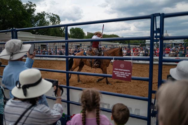 June 26, 2026, Washington, District Of Columbia, USA: A cowboy rides a horse at a rodeo during the Great American State Fair on the National Mall in Washington, D.C. on June 26, 2026. Rodeo 250, produced by Cervi Rodeo Company, is one of numerous events during the 16-day fair, celebrating the 250th anniversary of the United States of America. Washington USA - ZUMAd227 20260626_znp_d227_015 Copyright: xBryanxDozierx