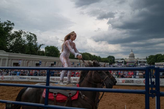 June 26, 2026, Washington, District Of Columbia, USA: A woman rides atop two horses at a rodeo during the Great American State Fair on the National Mall in Washington, D.C. on June 26, 2026. Rodeo 250, produced by Cervi Rodeo Company, is one of numerous events during the 16-day fair, celebrating the 250th anniversary of the United States of America. Washington USA - ZUMAd227 20260626_znp_d227_020 Copyright: xBryanxDozierx