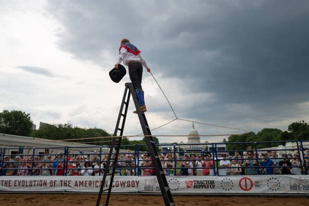 June 26, 2026, Washington, District Of Columbia, USA: A cowboy throws a lasso at a rodeo during the Great American State Fair on the National Mall in Washington, D.C. on June 26, 2026. Rodeo 250, produced by Cervi Rodeo Company, is one of numerous events during the 16-day fair, celebrating the 250th anniversary of the United States of America. Washington USA - ZUMAd227 20260626_znp_d227_029 Copyright: xBryanxDozierx