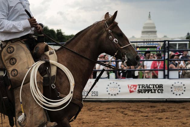 June 26, 2026, Washington, District Of Columbia, USA: A cowboy rides a horse at a rodeo during the Great American State Fair on the National Mall in Washington, D.C. on June 26, 2026. Rodeo 250, produced by Cervi Rodeo Company, is one of numerous events during the 16-day fair, celebrating the 250th anniversary of the United States of America. Washington USA - ZUMAd227 20260626_znp_d227_032 Copyright: xBryanxDozierx
