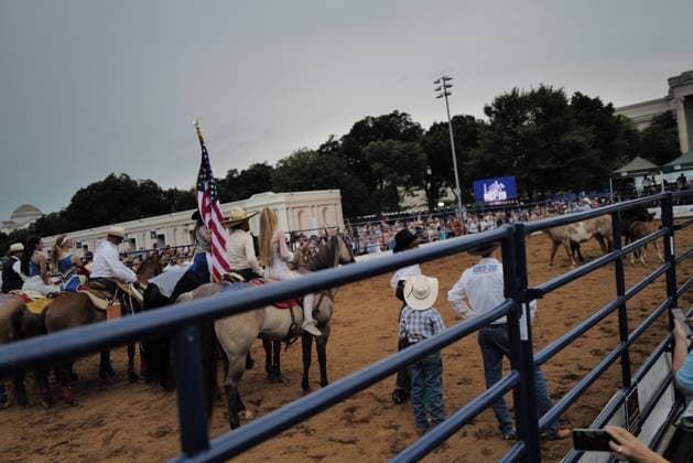 June 26, 2026, Washington, District Of Columbia, USA: Rodeo workers end a performance at a rodeo during the Great American State Fair on the National Mall in Washington, D.C. on June 26, 2026. Rodeo 250, produced by Cervi Rodeo Company, is one of numerous events during the 16-day fair, celebrating the 250th anniversary of the United States of America. Washington USA - ZUMAd227 20260626_znp_d227_056 Copyright: xBryanxDozierx