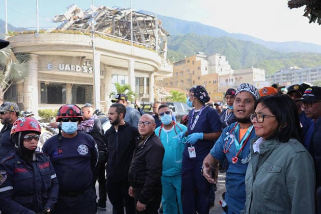 Venezuela s interim President Delcy Rodriguez ( R) visits the area strongly affected by the earthquake in La Guaira, some 35km north of Caracas, Venezuela, on June 25, 2026. Desperate Venezuelans raced to find and rescue loved ones trapped alive beneath the rubble of collapsed buildings after two major earthquakes --measured at magnitudes 7.2 and 7.5, hit northern Venezuela. photo by Government Ministry of Information (Venezuela)  VAN2026062615 GovernmentxMinistryxofxInformati