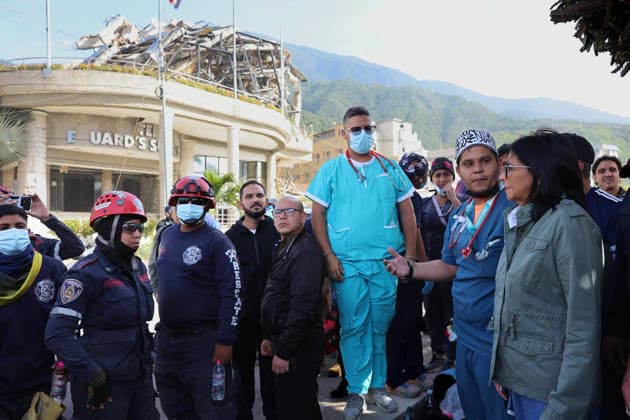 Venezuela s interim President Delcy Rodriguez (2-R) visits the area strongly affected by the earthquake in La Guaira, some 35km north of Caracas, Venezuela, on June 25, 2026. Desperate Venezuelans raced to find and rescue loved ones trapped alive beneath the rubble of collapsed buildings after two major earthquakes --measured at magnitudes 7.2 and 7.5, hit northern Venezuela. photo by Government Ministry of Information (Venezuela)  VAN2026062622 GovernmentxMinistryxofxInformati