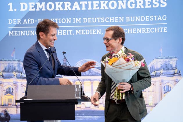 1. Demokratiekongress der AfD-Fraktion im Bundestag 1. Demokratiekongress der AfD-Fraktion im Bundestag, Paul-Löbe-Haus, Götz Frömming, MdB, Roger Köppel Berlin Berlin GER *** 1st Democracy Congress of the AfD Parliamentary Group in the Bundestag 1st Democracy Congress of the AfD Parliamentary Group in the Bundestag, Paul Löbe House, Götz Frömming, Member of the Bundestag, Roger Köppel Berlin Berlin GER