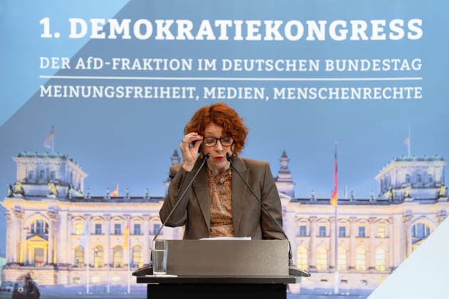 1. Demokratiekongress der AfD-Fraktion im Bundestag 1. Demokratiekongress der AfD-Fraktion im Bundestag, Paul-Löbe-Haus, Ulrike Guérot Berlin Berlin GER *** 1st Democracy Congress of the AfD Parliamentary Group in the Bundestag 1st Democracy Congress of the AfD Parliamentary Group in the Bundestag, Paul Löbe House, Ulrike Guérot, Berlin, Berlin, GER