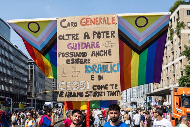 IPA86131346 - Milan, Central Station, Via Vittor Pisani, June 27, 2026, Milan Pride sign for General Vannacci: Dear General, not only can we drive, but we can also be plumbers and we™ve unclogged plenty of toilets just like you.  Copyright: xFrancescoxEnriquezx xFrancescoxEnriquezx 86131346