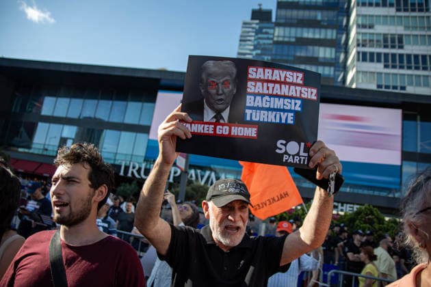 June 27, 2026, Istanbul, Istanbul, Turkey: Activists from the No to NATO! Coordination staged a protest in front of Trump Towers in Istanbul, Turkey, carrying a banner reading Imperialist war organization NATO and Trump, you are not welcome! The demonstration opposed the upcoming NATO Summit scheduled to take place in Ankara on July 7Ã¢â‚¬8. Istanbul Turkey  - ZUMAt171 20260627_zip_t171_016 Copyright: xAbdullahxTepelix