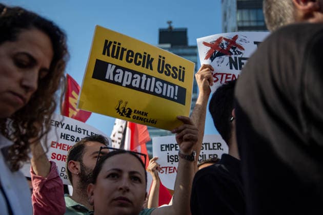 June 27, 2026, Istanbul, Istanbul, Turkey: Activists from the No to NATO! Coordination staged a protest in front of Trump Towers in Istanbul, Turkey, carrying a banner reading Imperialist war organization NATO and Trump, you are not welcome! The demonstration opposed the upcoming NATO Summit scheduled to take place in Ankara on July 7Ã¢â‚¬8. Istanbul Turkey - ZUMAt171 20260627_zip_t171_030 Copyright: xAbdullahxTepelix