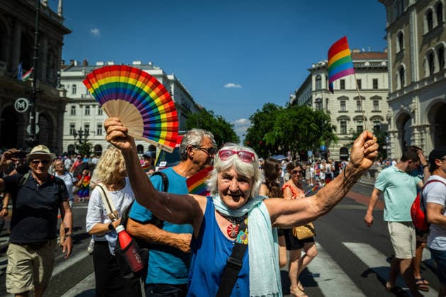June 27, 2026, Budapest, Budapest, Hungary: A participant is cheering in front of the Budapest Opera house where the crowd gathered for the 31st Budapest Pride march on 27 June, 2026. Budapest Hungary  - ZUMAa256 20260627_zip_a256_004 Copyright: xDanielxAlfoldix