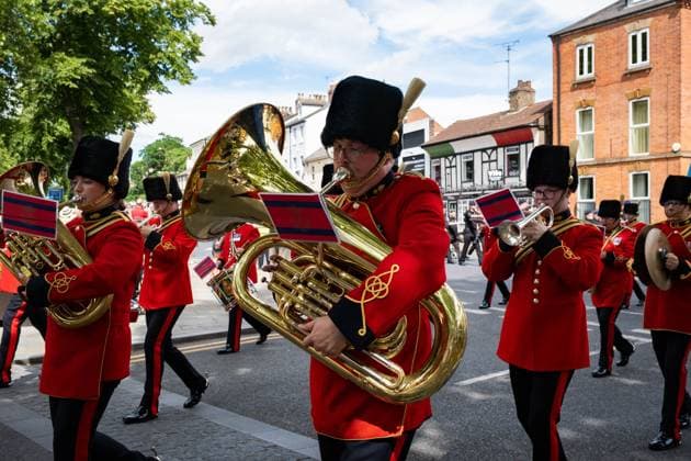 The Nottinghamshire Band of Royal Engineers leads the parade through Doncaster city centre as part of Doncaster Armed Forces Day DONCASTER, UNITED KINGDOM JUNE 27, 2026: The Nottinghamshire Band of Royal Engineers leads the parade through Doncaster city centre to Elmfield Park as part of Doncaster Armed Forces Day. The event drew people from all over Doncaster to celebrate Armed Forces Day. Doncaster United Kingdom of Great Britain and Northern Ireland Copyright: x xKaixJohnsonx xJNAxPressx