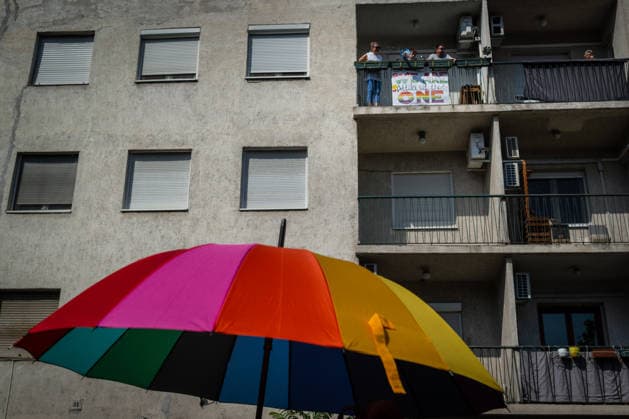 June 27, 2026, Budapest, Budapest, Hungary: Residents of a house came out to greet the participants marching under their balcony at the 31st Budapest Pride march on 27 June, 2026. Budapest Hungary  - ZUMAa256 20260627_zip_a256_015 Copyright: xDanielxAlfoldix