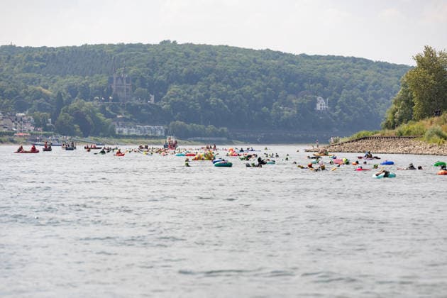 Rheinschwimmen des DLRG Bad Honnef Unkel 413 Schwimmerinnen und Schwimmer absolvieren am bislang heissesten Tag des Jahres beim Rheinschwimmen der DLRG Bad Honnef-Unkel den 11 Kilometer langen Kurs im Rhein von Linz nach Bad Honnef. Die Spassveranstaltung wird von der DLRG, Feuerwehr und THW abgesichert.Alle von jung bis alt sind wohlerhalten am Ziel angekommen und hatten trotz den Temperaturen jede Menge Spaß Linz Rheinland-Pfalz Deutschland *** DLRG Bad Honnef Unkel Rhine Swim: On what has been the hottest day of the year so far, 413 swimmers completed the 11-kilometer course in the Rhine from Linz to Bad Honnef during the DLRG Bad Honnef Unkel Rhine Swim. The fun-filled event was supervised by the DLRG, the fire department, and the THW Copyright: xMarcxJohnx