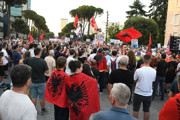 Protests against Zvernec Tourism Project continue in Tirana TIRANA, ALBANIA - JUNE 27: Protests against a planned tourism development project in the Zvernec area of Vlora continue for the 28th consecutive day in Tirana, Albania, on June 27, 2026. Large numbers of demonstrators gathered at Skanderbeg Square under the slogan Albania Is Not for Sale , voicing opposition to the proposed tourism project in Zvernec. Olsi Shehu Anadolu Tirana Albania. Editorial use only. Please get in touch for any other usage.  Copyright: x2026xAnadoluxOlsixShehux
