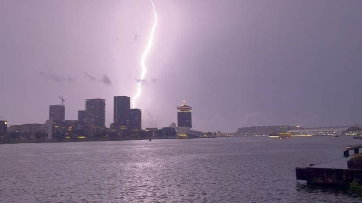Amsterdam The Netherlands 26th June 2026 A spectacular electric storm passes over Het Ij waterway in the centre of the city making an end to the heatwave of the past week. het weer, weather, wetter, lightning, thunder, onweer,