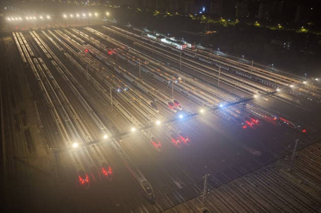 High-speed Trains NANJING, CHINA - JUNE 28, 2026 - An aerial view of the storage lines at Nanjing South High-Speed Train Depot where the inspected and repaired high-speed trains are parked. Nanjing, Jiangsu Province, China on early morning of June 28, 2026. Nanjing Jiangsu China  Copyright: xCFOTOx i1782635854335