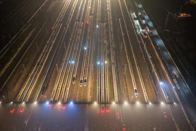 High-speed Trains NANJING, CHINA - JUNE 28, 2026 - An aerial view of the storage lines at Nanjing South High-Speed Train Depot where the inspected and repaired high-speed trains are parked. Nanjing, Jiangsu Province, China on early morning of June 28, 2026. Nanjing Jiangsu China  Copyright: xCFOTOx i1782635856377