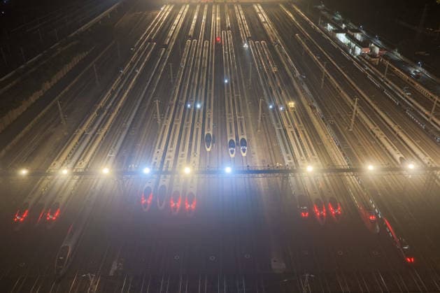 High-speed Trains NANJING, CHINA - JUNE 28, 2026 - An aerial view of the storage lines at Nanjing South High-Speed Train Depot where the inspected and repaired high-speed trains are parked. Nanjing, Jiangsu Province, China on early morning of June 28, 2026. Nanjing Jiangsu China  Copyright: xCFOTOx i1782635856527