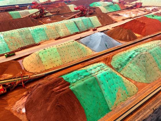 Qingdao Port Ore Terminal Construction machinery is sorting and loading imported iron ore at the Qingdao Port Ore Terminal in Qingdao, Shandong Province, China on June 28, 2026. Qingdao Shandong China  Copyright: xCFOTOx i1782655942042