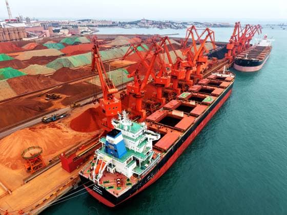 Qingdao Port Ore Terminal A cargo ship was unloading imported iron ore at the ore terminal of Qingdao Port, Qingdao City, Shandong Province, China on June 28, 2026. Qingdao Shandong China  Copyright: xCFOTOx i1782655943377