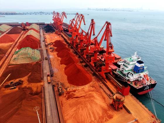 Qingdao Port Ore Terminal A cargo ship was unloading imported iron ore at the ore terminal of Qingdao Port, Qingdao City, Shandong Province, China on June 28, 2026. Qingdao Shandong China  Copyright: xCFOTOx i1782655943523