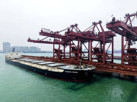 Qingdao Port Ore Terminal A cargo ship was unloading imported iron ore at the ore terminal of Qingdao Port, Qingdao City, Shandong Province, China on June 28, 2026. Qingdao Shandong China  Copyright: xCFOTOx i1782655944788