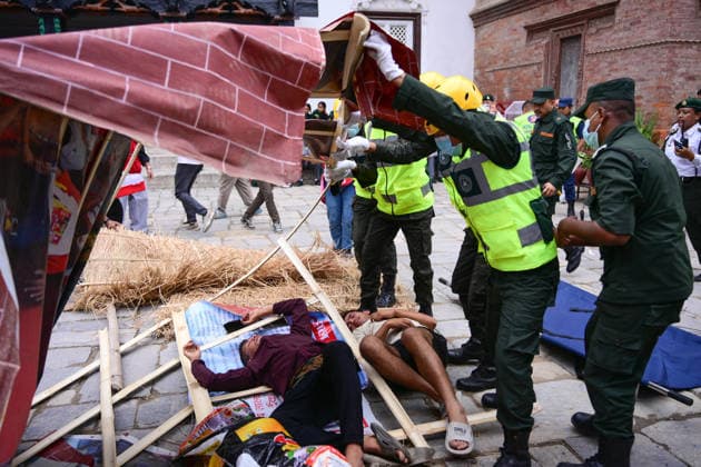 June 28, 2026, Kathmandu, Bagmati, Nepal: KATHMANDU, NEPAL Ã¢â‚¬ 28 JUNE 2026: Personnel from the Nepal Army, Nepal Police, Nepal Traffic Police, Armed Police Force (APF), Kathmandu Metropolitan City, Nepal Scouts, and the Nepal Red Cross Society participate in a joint multi-agency disaster response simulation exercise at Hanuman Dhoka Durbar Square in Kathmandu, Nepal, on June 28, 2026. The exercise included coordinated demonstrations of earthquake and fire emergency response, urban search and rescue, casualty evacuation, firefighting, first aid, and other disaster management operations aimed at strengthening inter-agency preparedness and public awareness. Kathmandu Nepal - ZUMAs330 20260628_zsp_s330_002 Copyright: xSafalxPrakashxShresthax