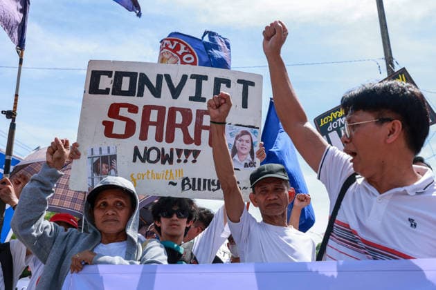 Anti-corruption rally in Philippines demands VP Sara Duterte s impeachment METRO MANILA, PHILIPPINES - JUNE 28: People holding placards reading Convict Sara Now take part in an anti-corruption rally a few days before the impeachment trial of Vice President Sara Duterte in Quezon City, Metro Manila, Philippines, on June 28, 2026. Organized by interfaith groups, including Muslim, Catholic and other Christian leaders, the rally drew thousands of people calling for better governance, electoral reforms, an end to corruption, and the impeachment of Vice President Sara Duterte, whose trial is scheduled to begin at the Senate on July 6. Daniel Ceng Anadolu Meto Manila Philippines. Editorial use only. Please get in touch for any other usage.  Copyright: x2026xAnadoluxDanielxCengx