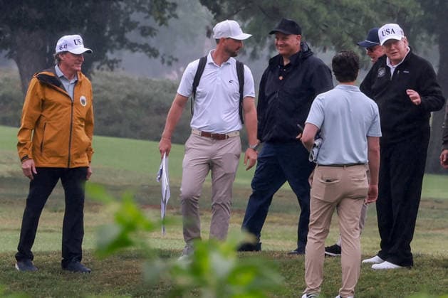 Doug Burgum, US secretary of the interior, left, and US President Donald Trump, right, at East Potomac Golf Links public course in Washington, DC, on Sunday, June 28, 2026. Trump has taken a number of steps to reshape the nation s capital in his second term including terminating a contract to run a trio of public golf courses in the Nation s Capital.  WASP20260628101 TierneyxLxCross