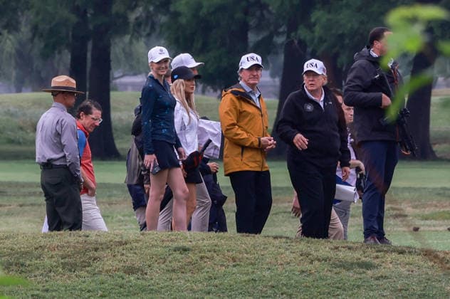 Doug Burgum, US secretary of the interior, center left, and US President Donald Trump at East Potomac Golf Links public course in Washington, DC, on Sunday, June 28, 2026. Trump has taken a number of steps to reshape the nation s capital in his second term including terminating a contract to run a trio of public golf courses in the Nation s Capital.  WASP20260628102 TierneyxLxCross