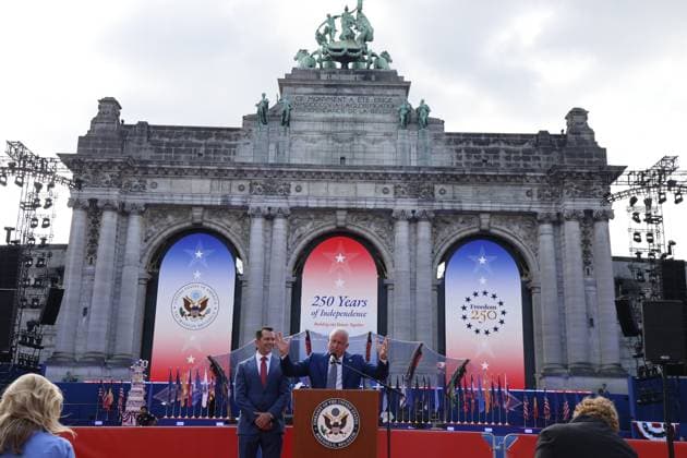 US ambassador to Belgium Bill White and pictured giving a speech during a celebration of the 250th anniversary of the U.S. Declaration of Independence, organized by the U.S. Embassy at the Jubelpark - Parc du Cinquantenaire park in Brussels on Sunday 28 June 2026.  NICOLASxMAETERLINCK 179729892