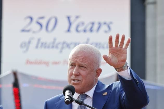 US ambassador to Belgium Bill White and pictured giving a speech during a celebration of the 250th anniversary of the U.S. Declaration of Independence, organized by the U.S. Embassy at the Jubelpark - Parc du Cinquantenaire park in Brussels on Sunday 28 June 2026.  NICOLASxMAETERLINCK 179729876