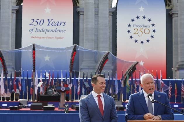 US ambassador to Belgium Bill White and pictured giving a speech during a celebration of the 250th anniversary of the U.S. Declaration of Independence, organized by the U.S. Embassy at the Jubelpark - Parc du Cinquantenaire park in Brussels on Sunday 28 June 2026.  NICOLASxMAETERLINCK 179730639