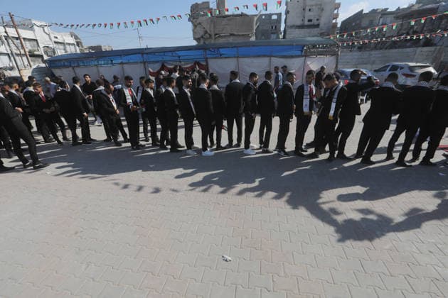 Mass Wedding Ceremony Brings Together 150 Couples in Northern Gaza Palestinian brides and grooms take part in a mass wedding ceremony in Jabalia, northern Gaza Strip, on June 28, 2026. The event was organized by the Ghouth Charitable Foundation as part of a social initiative to support the marriage of 150 couples from northern Gaza, months after the area suffered extensive destruction during the war. Photo by Bilal Osama apaimages Gaza city Gaza Strip Palestinian Territory 280626_Jabalia_BO_00(26) Copyright: xapaimagesxBilalxOsamax xapaimagesx