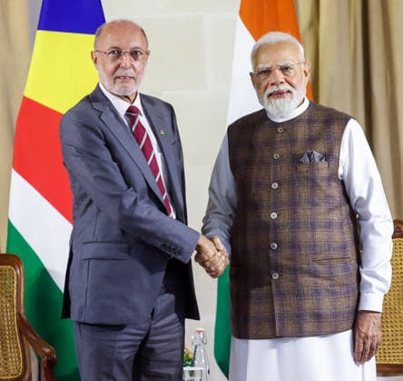 Bilateral Meeting of PM Modi with Seychelles LoP, Bernard Georges Victoria Seychelles , Jun 28 (ANI): Prime Minister Narendra Modi meets Leader of the Opposition of Seychelles, Bernard Georges, in Victoria on Sunday. (DPR PMO ANI Photo) Victoria Seychelles Copyright: xANIx ANI_20260628351