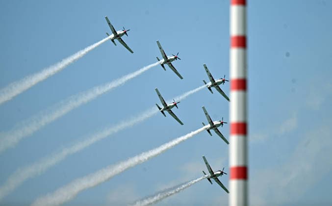 Belgian Air Force Days FLORENNES, BELGIUM - JUNE 28: Aircraft of The Victors formation display team perform a demonstration flight within the scope of the Belgian Air Force Days at Florennes Air Base in Florennes, Belgium on June 28, 2026. Dursun Aydemir Anadolu Brussels Belgium. Editorial use only. Please get in touch for any other usage.  Copyright: x2026xAnadoluxDursunxAydemirx
