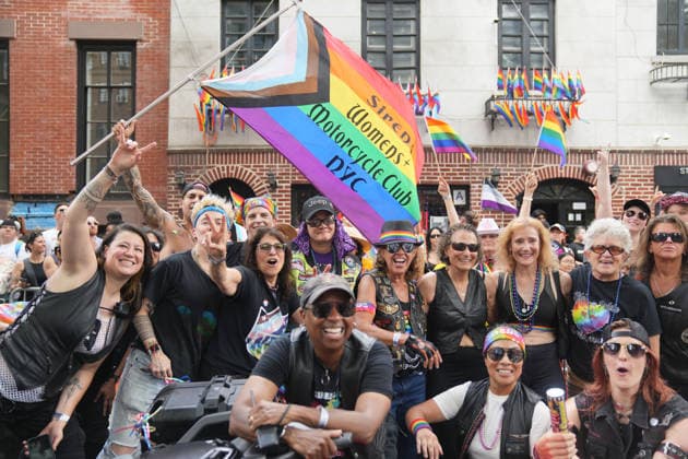 June 28, 2026, New Yok, New York, USA: The Sirens NYC Female Motorcycle Group poses in front of the Stonewall Inn at the Annual NYC Pride March on June 28, 2026 in New York. NYC s Pride March began as a demonstration honoring the 1969 Stonewall Riots, has evolved into a global symbol of LGBTQIA+ resilience, unity and activism. New Yok USA  - ZUMAb148 20260628_zap_b148_008 Copyright: xBryanxSmithx