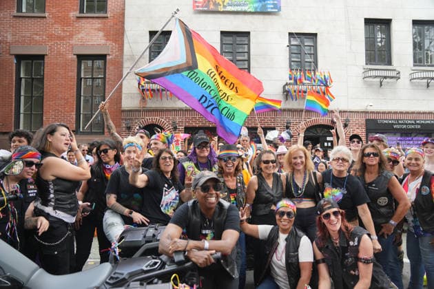 June 28, 2026, New Yok, New York, USA: Members of the Sirens NYC Female Motorcycle Group pose for a photo in front of Stonewall at the Annual NYC Pride March on June 28, 2026 in New York. NYC s Pride March began as a demonstration honoring the 1969 Stonewall Riots, has evolved into a global symbol of LGBTQIA+ resilience, unity and activism. New Yok USA  - ZUMAb148 20260628_zap_b148_017 Copyright: xBryanxSmithx