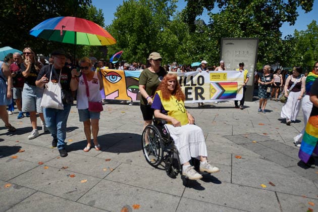 June 28, 2026, Pamplona, Spain: Protesters march during the Gay Pride march. Hundreds of people participated in the demonstration held to mark International LGBTI+ Pride Day. The main focus of the demonstration was the discrimination against the refugee community, and of course, respect from institutions, while some feminist groups are excluding transgender people. Pamplona Spain  - ZUMAs197 20260628_aaa_s197_072 Copyright: xElsaxAxBravox